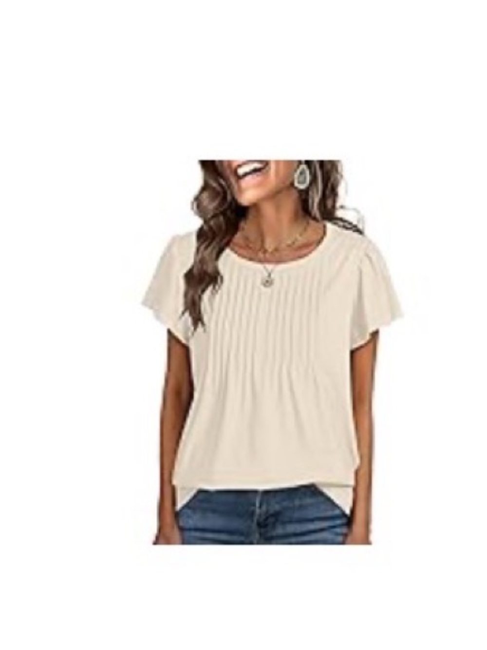 Casual Cream Pintuck Flutter Sleeve Top - Women M
